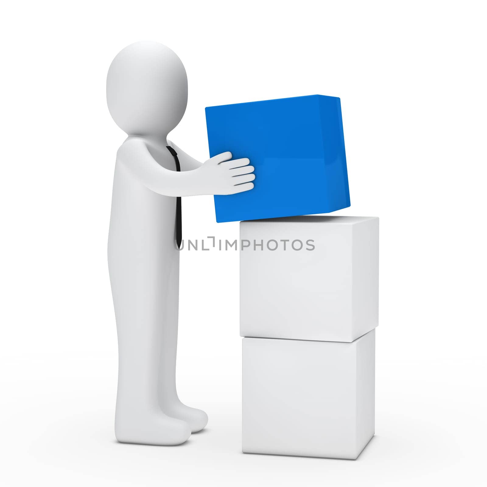 3d man with tie hold blue cube