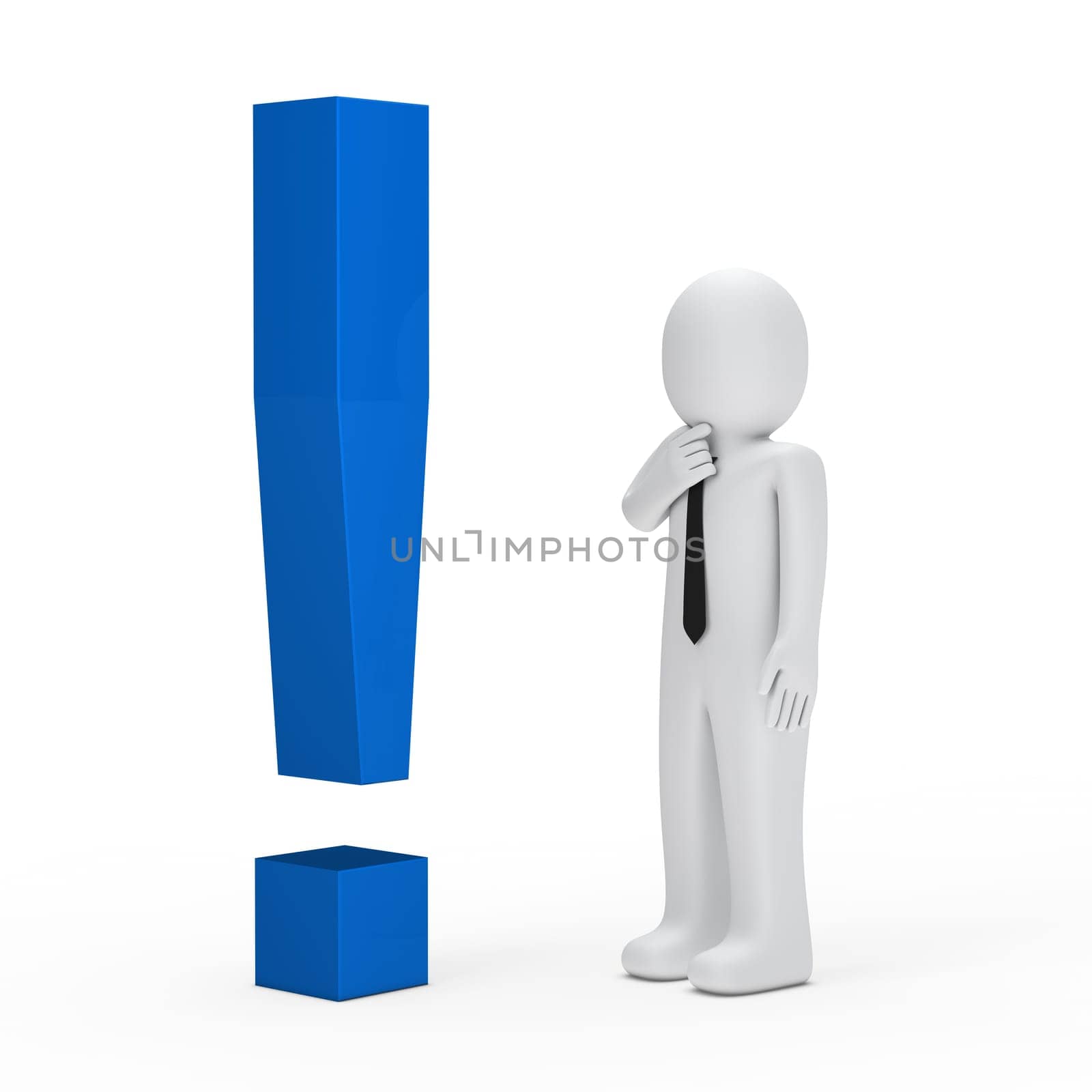 3d business man for blue exclamation mark