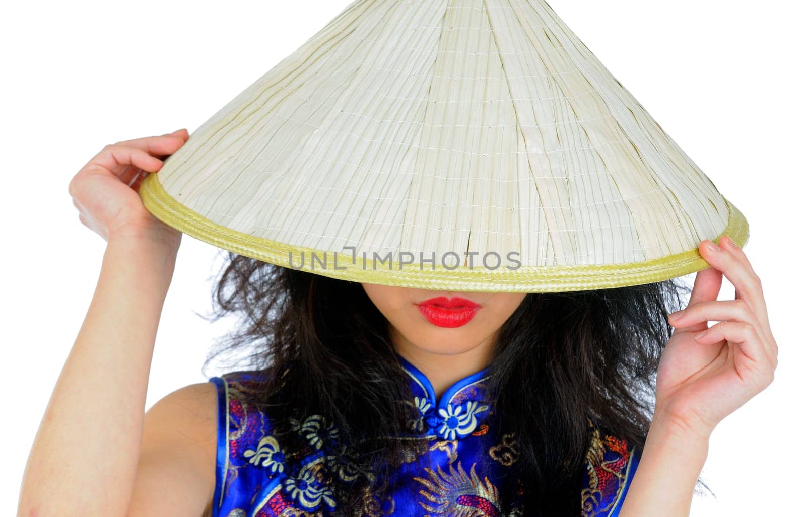 Mysterious Beautiful Asian Woman Wearing A Traditional Asian Conical Straw Hat Hiding Her Face