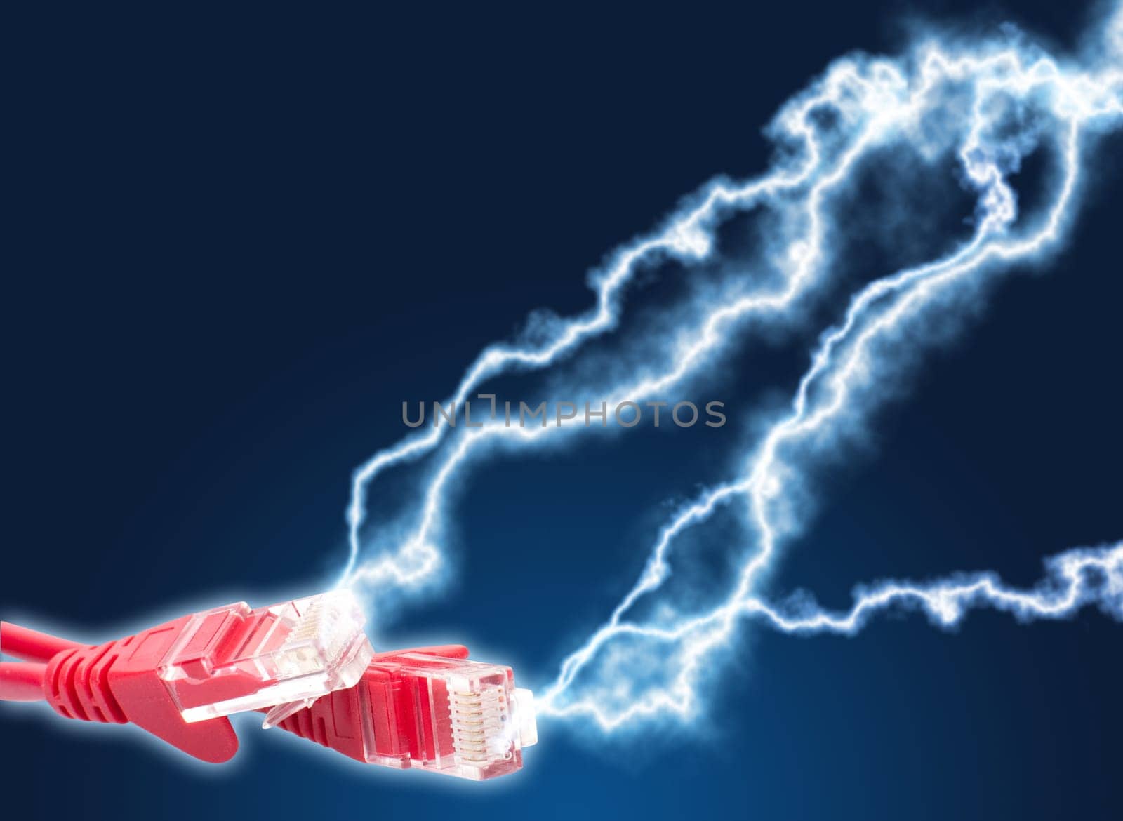 High speed internet - Red Ethernet RJ45 Cables With Lightning on Dark Blue Background