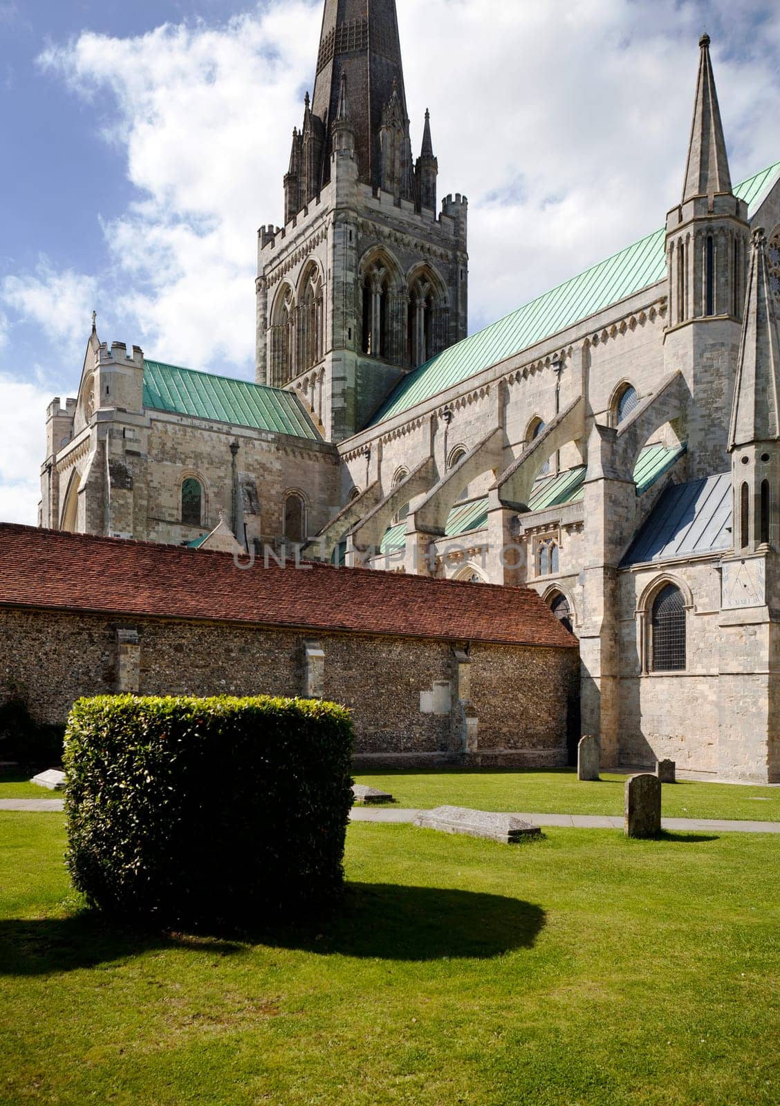 Chichester cathedral, christian church in Sussex England. historic religious architecture with tower and spire