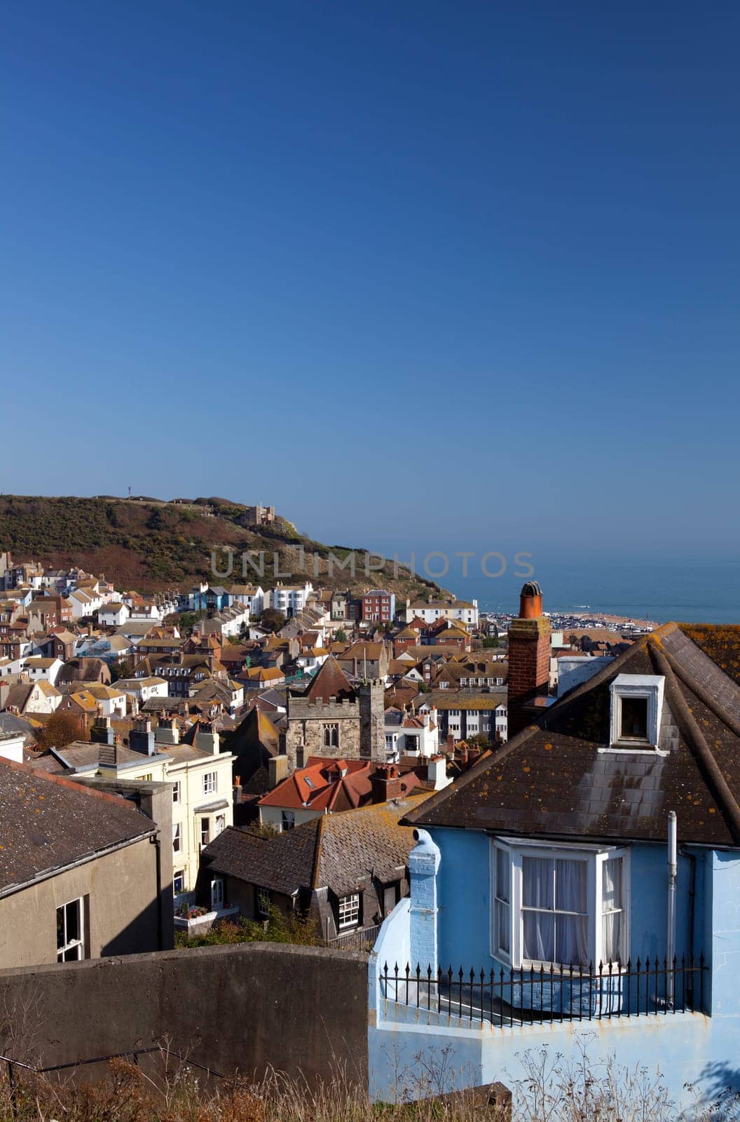 Hastings fishing village, view of the old town. seaside holiday resort in east sussex in United Kingdom. cityscape with english houses