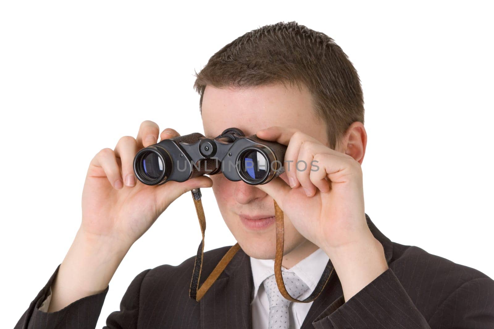 Young businessman with binoculars isolated on white background