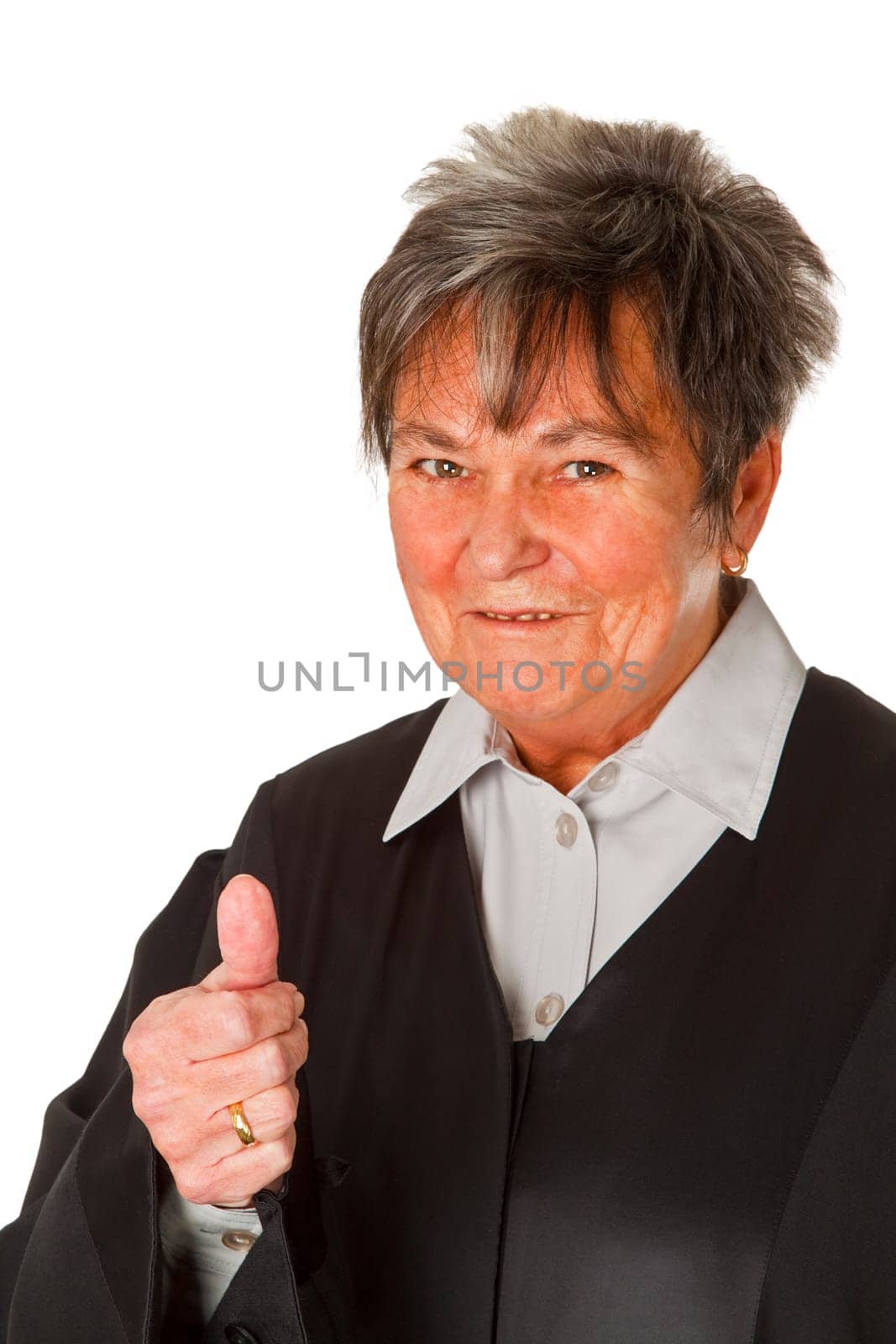 Female lawyer in lawyer's robe isolated on white background