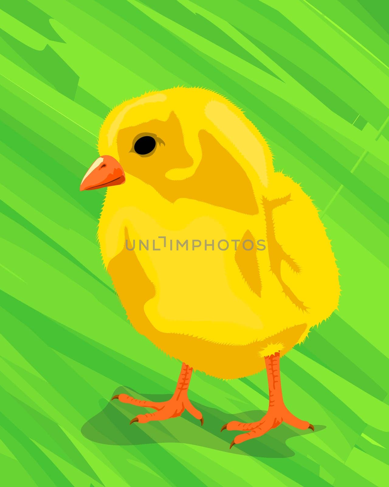 Cute little chicken on the green, abstract art.