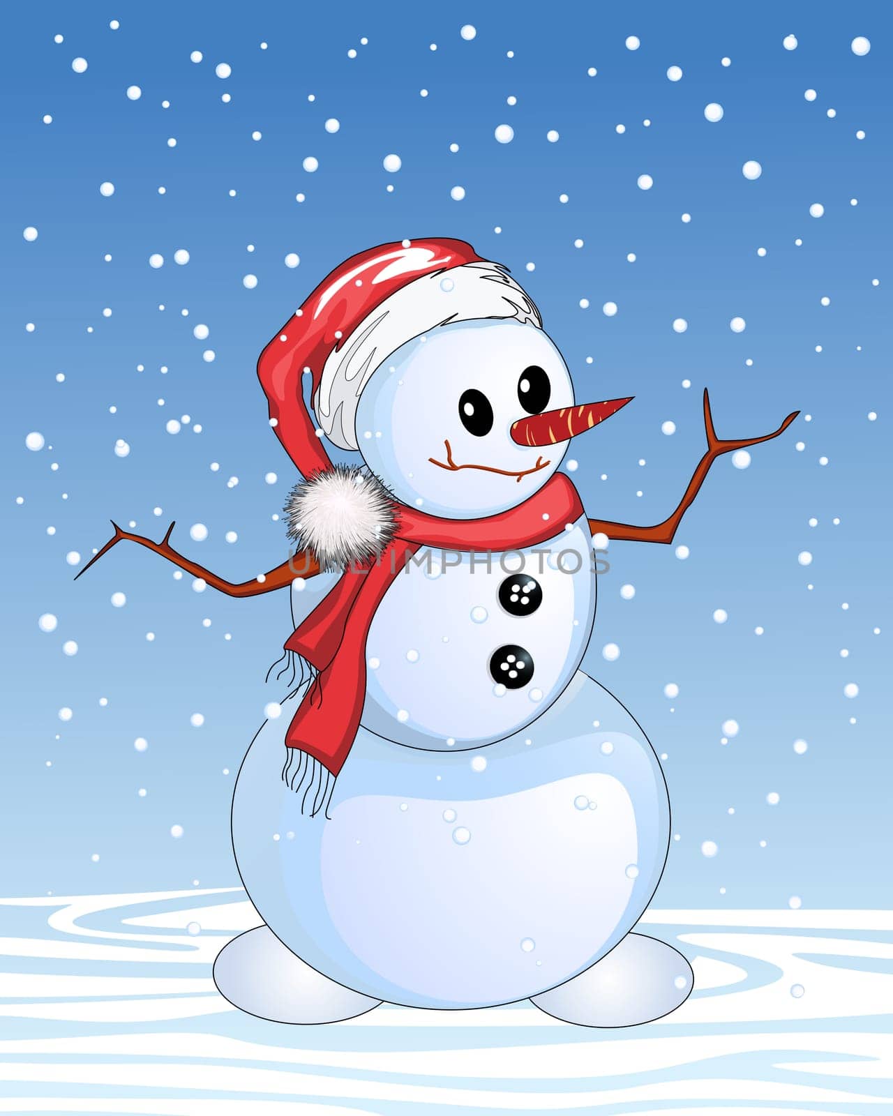 Happy snowman cartoon, Christmas and New Year celebration card.