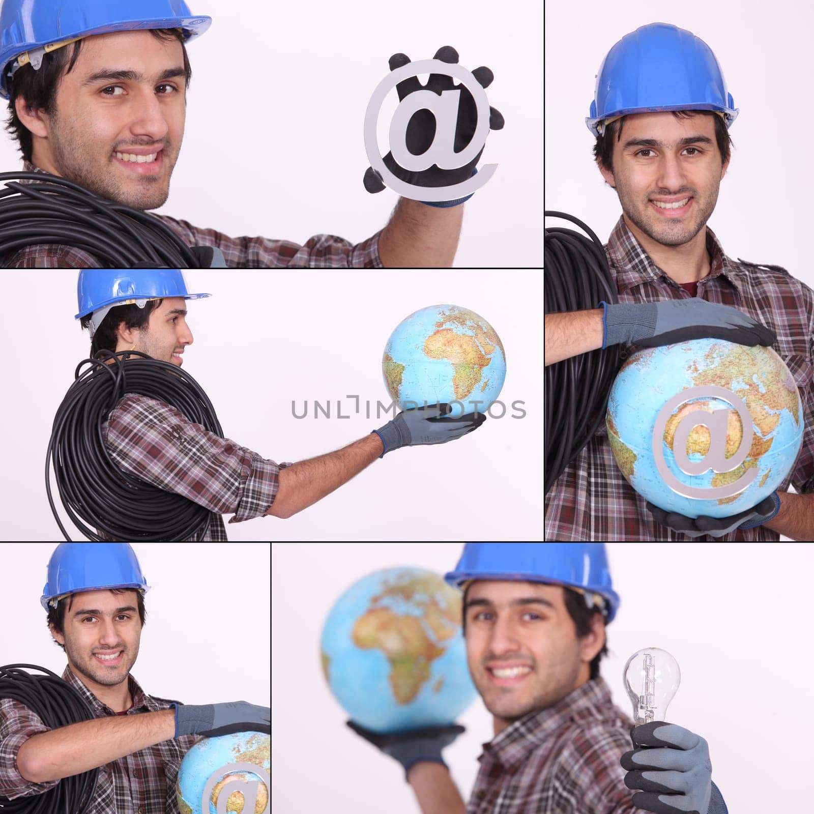 an electrician, a globe and an @
