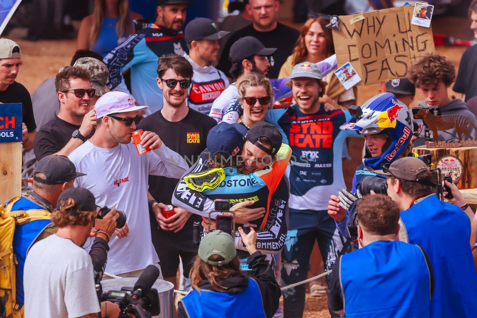 MAYDENA, AUSTRALIA - FEBRUARY 08: Jackson GOLDSTONE of Canada is congratulated after winning Red Bull Hardline Tasmania on February 8, 2025 in Maydena, Australia.