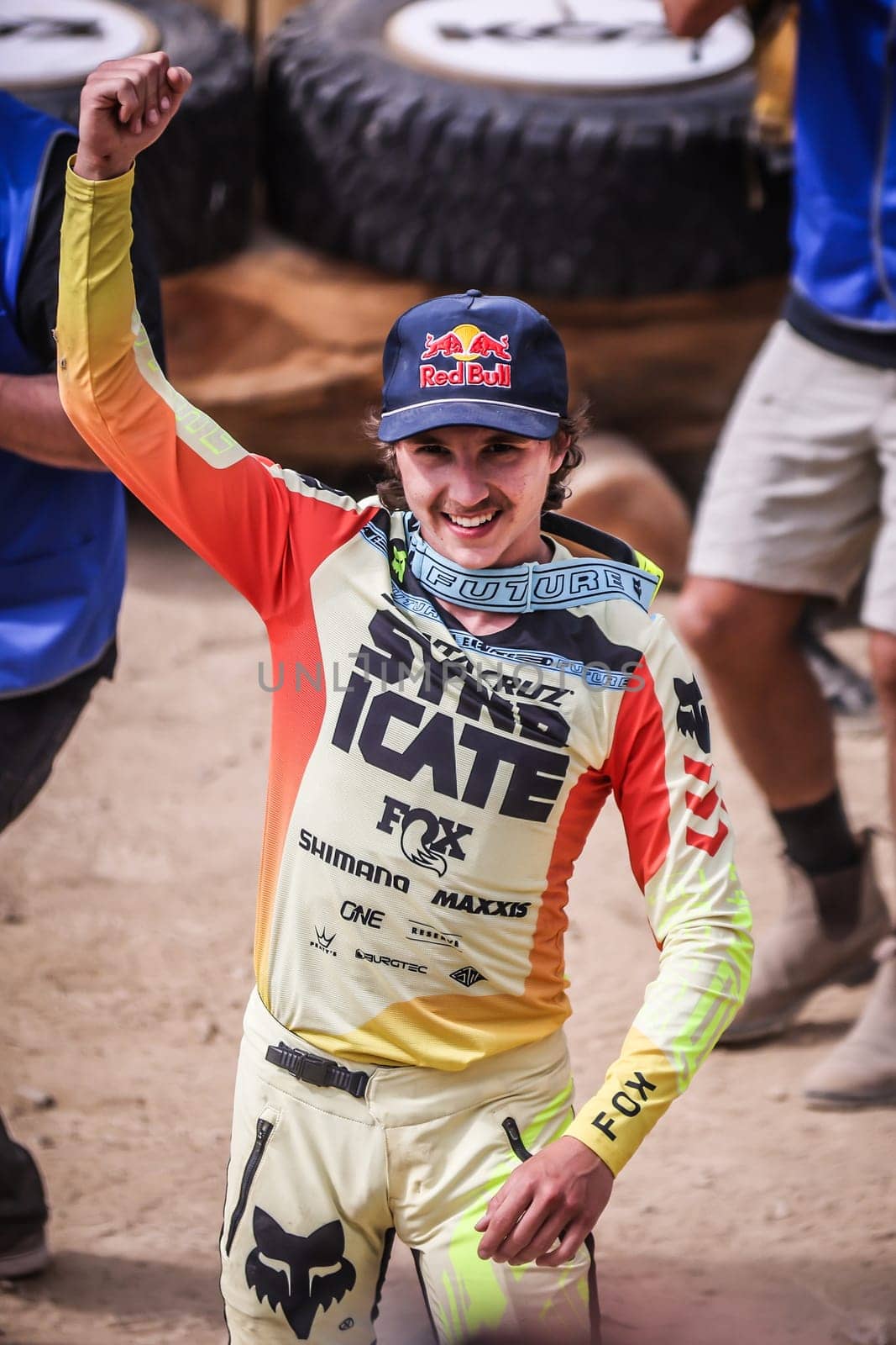 MAYDENA, AUSTRALIA - FEBRUARY 08: Jackson GOLDSTONE of Canada celebrates winning Red Bull Hardline Tasmania on February 8, 2025 in Maydena, Australia.
