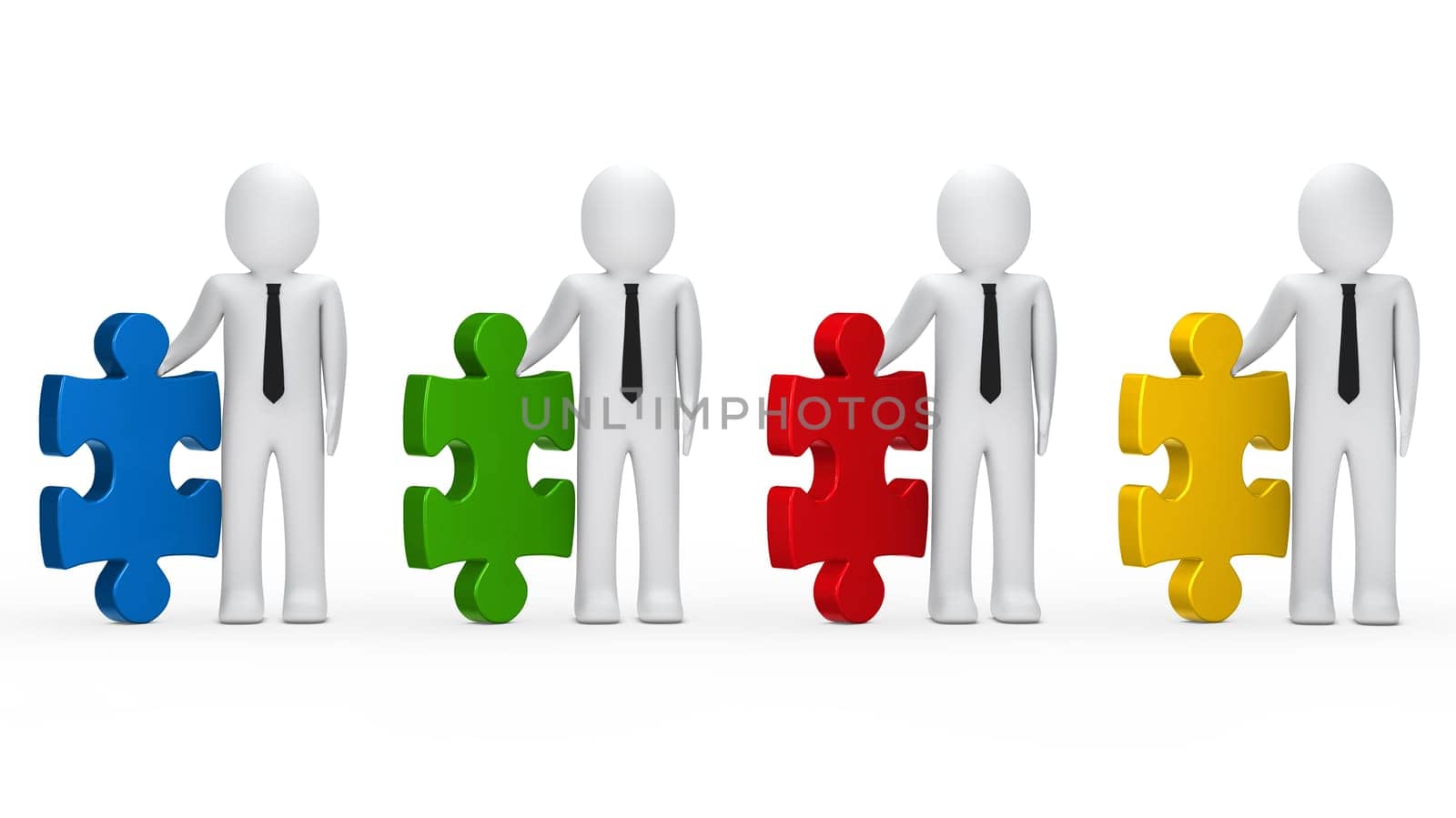 Businessmen with black tie hold a puzzle