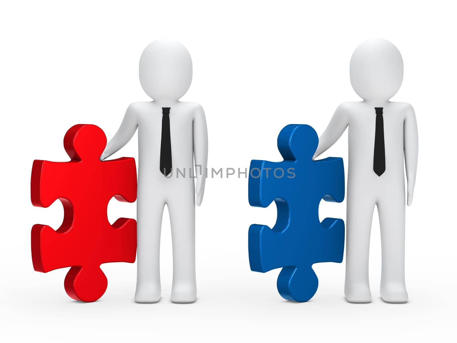 Businessmen with black tie hold a puzzle