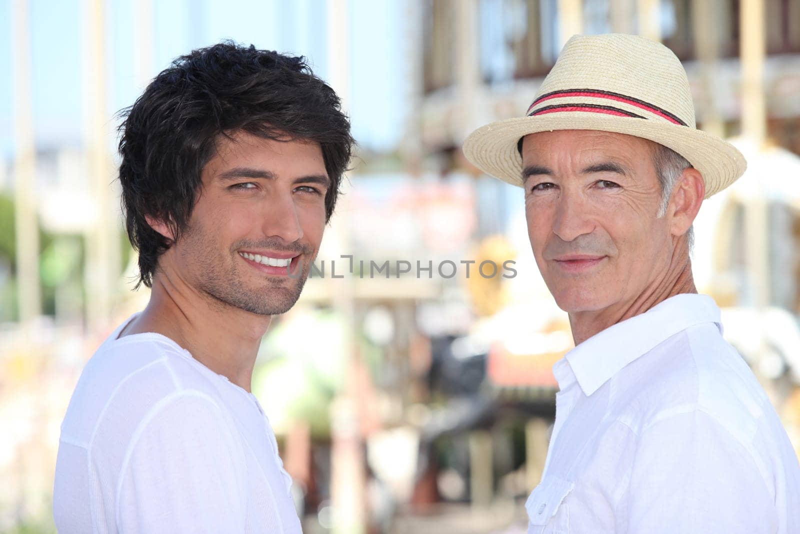 a 25 years old man and a 65 years old man  in downtown, atmosphere sounds summer vacation