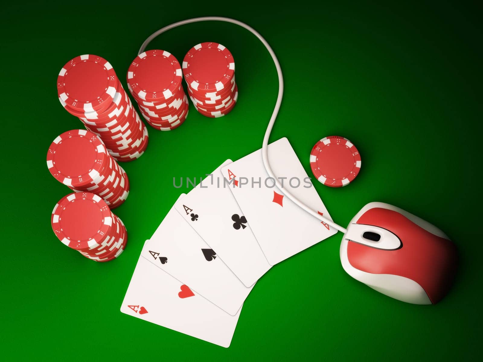 Gambling chips and poker cards on green carpet with computer mouse - 3D render