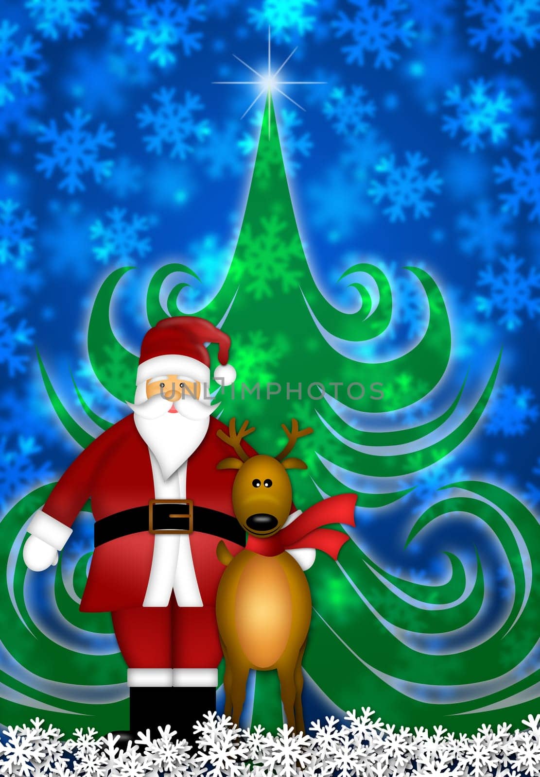 Santa Claus and Reindeer in Winter Snow Scene with Christmas Tree and Snowflakes Illustration