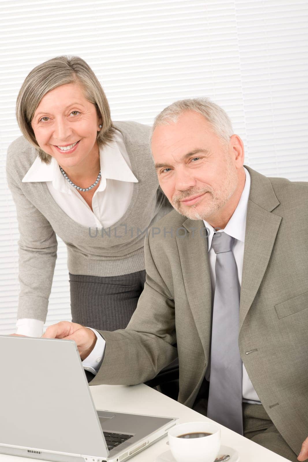 Professional businesspeople behind office table with laptop