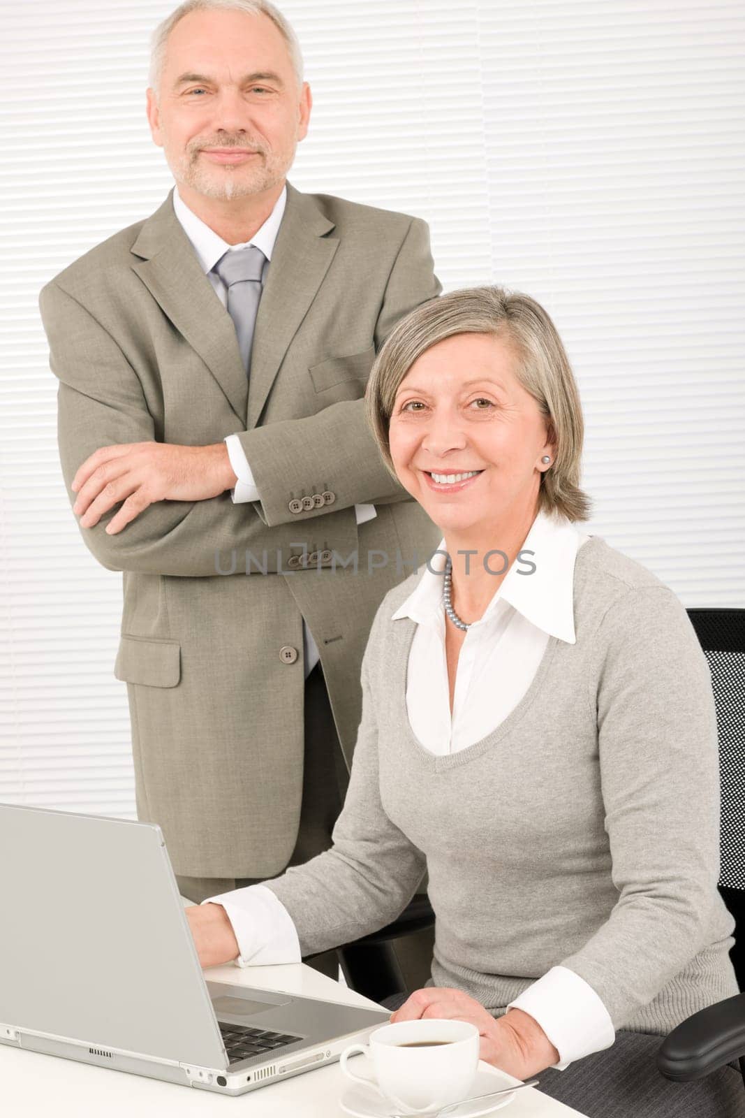Professional businesspeople behind office table with laptop