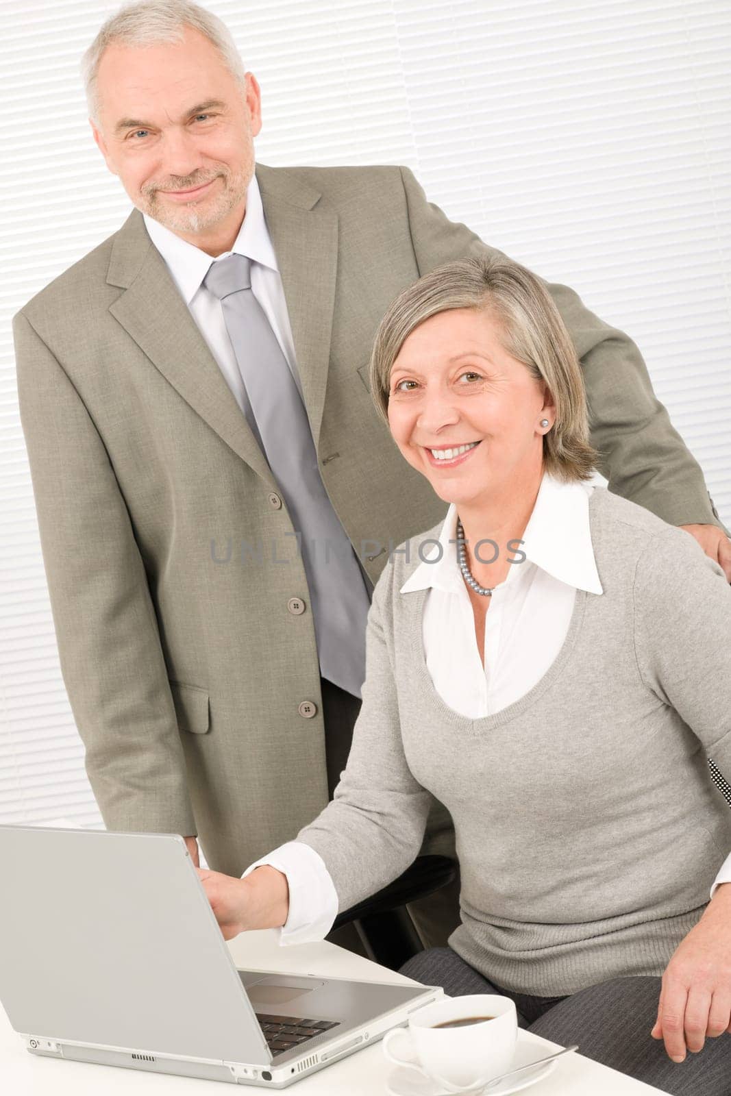 Professional businesspeople behind office table with laptop