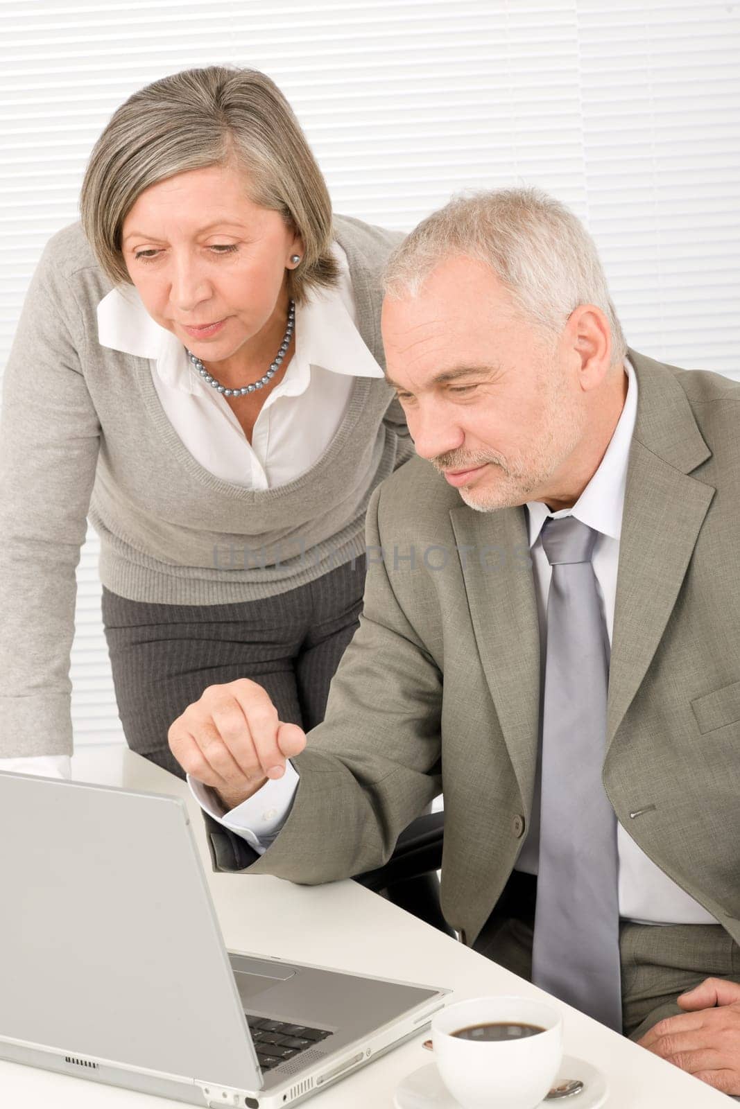 Professional senior businessman looking at computer with woman colleague