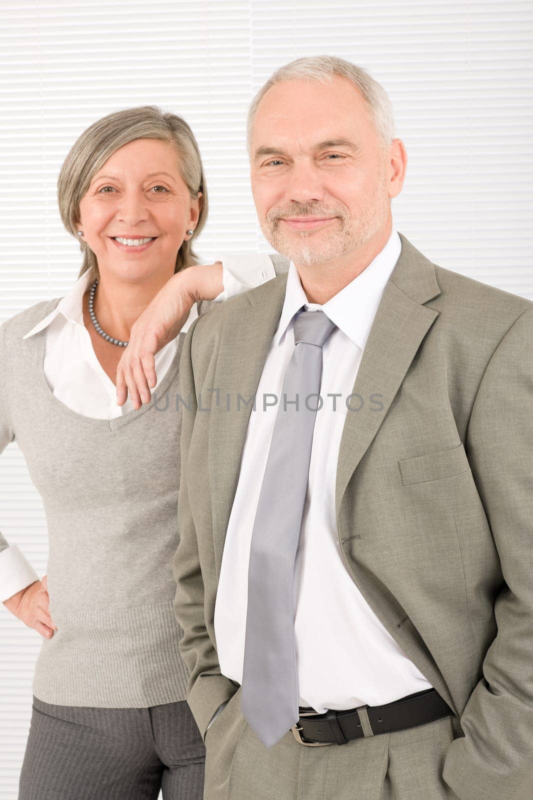 Professional elegant smiling senior businesswoman leaning against her male colleague