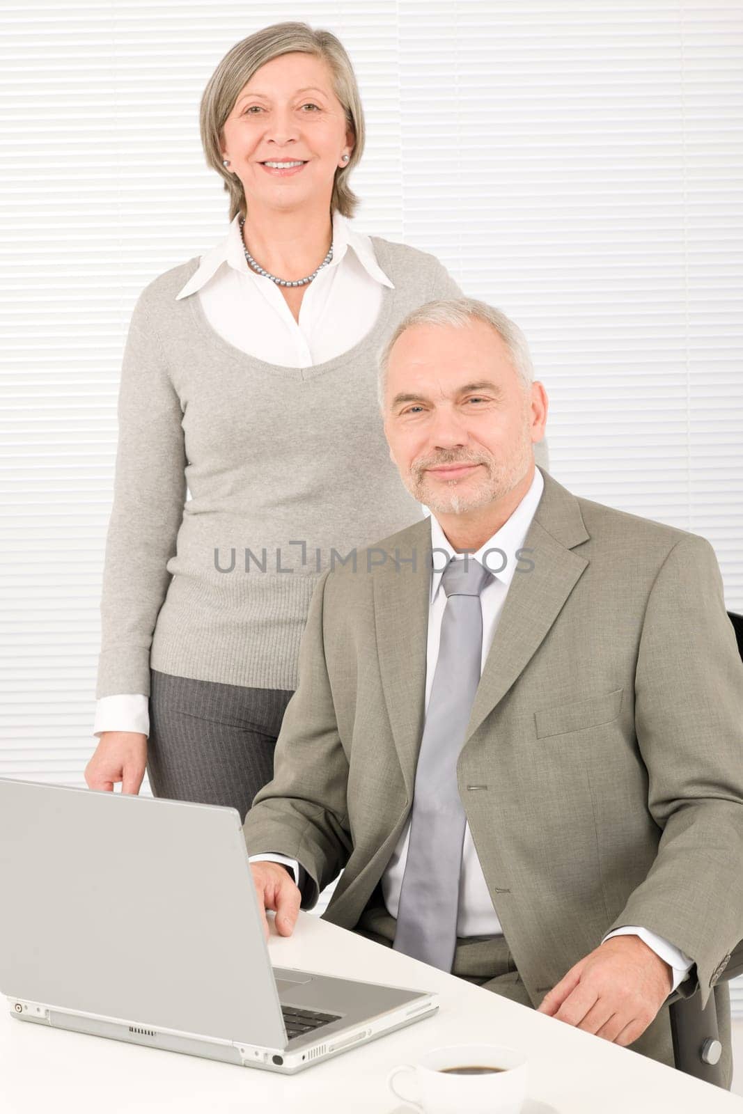 Professional businesspeople behind office table with laptop
