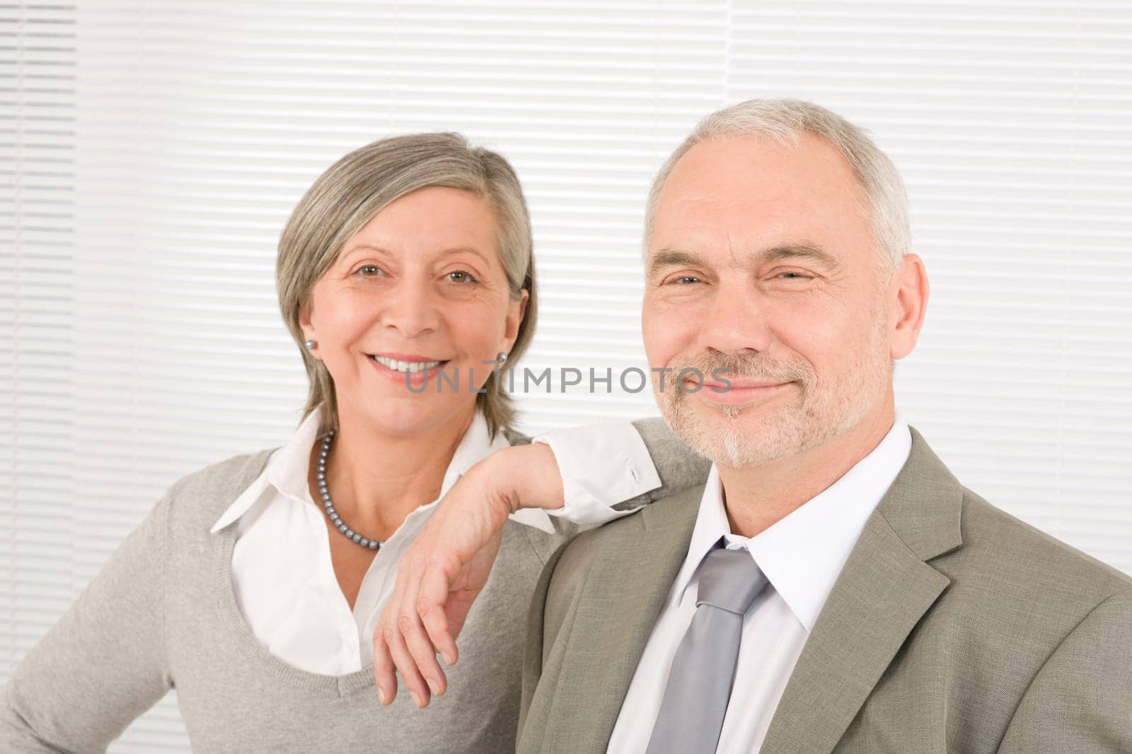 Professional elegant smiling senior businesswoman leaning against her male colleague