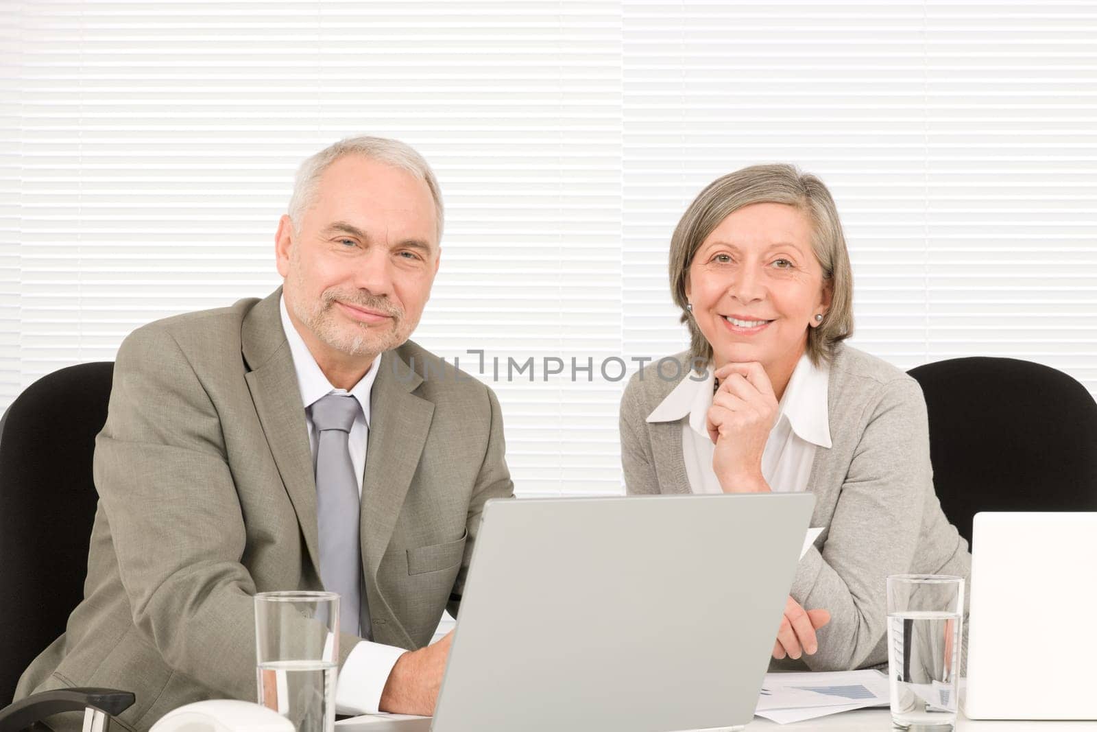Professional senior businessman pointing at computer with woman colleague discussing