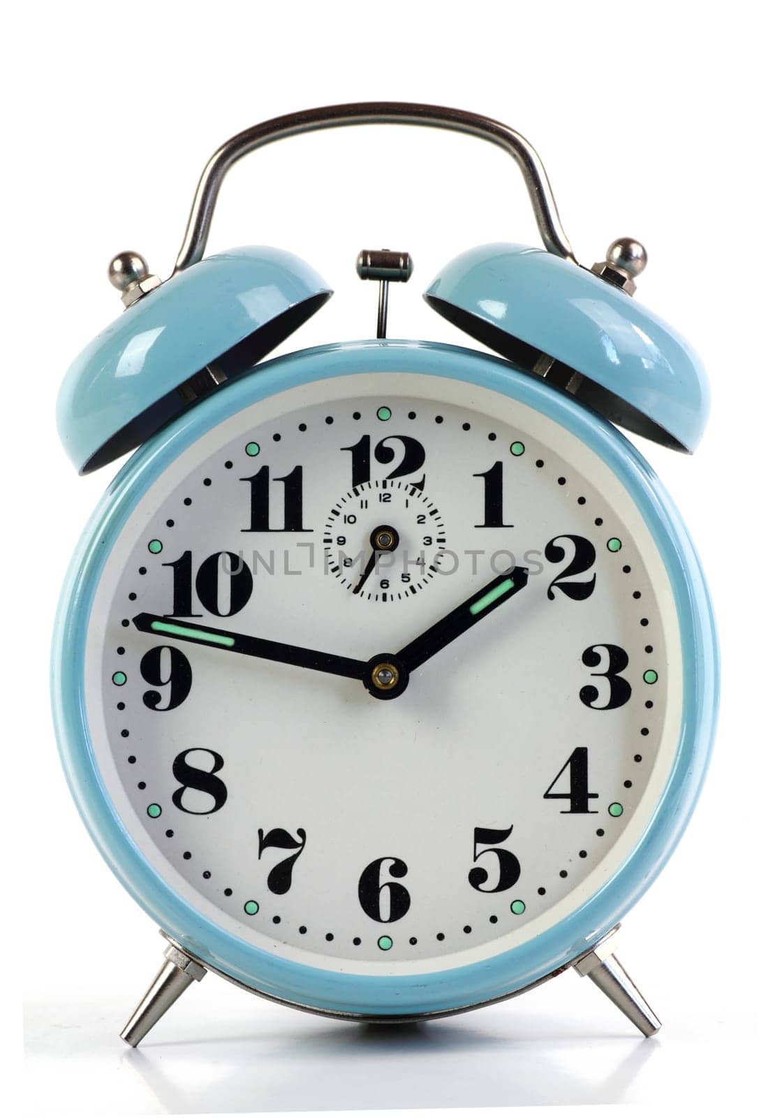 Senior blue alarm clock as symbolism of time,isolated with white background
