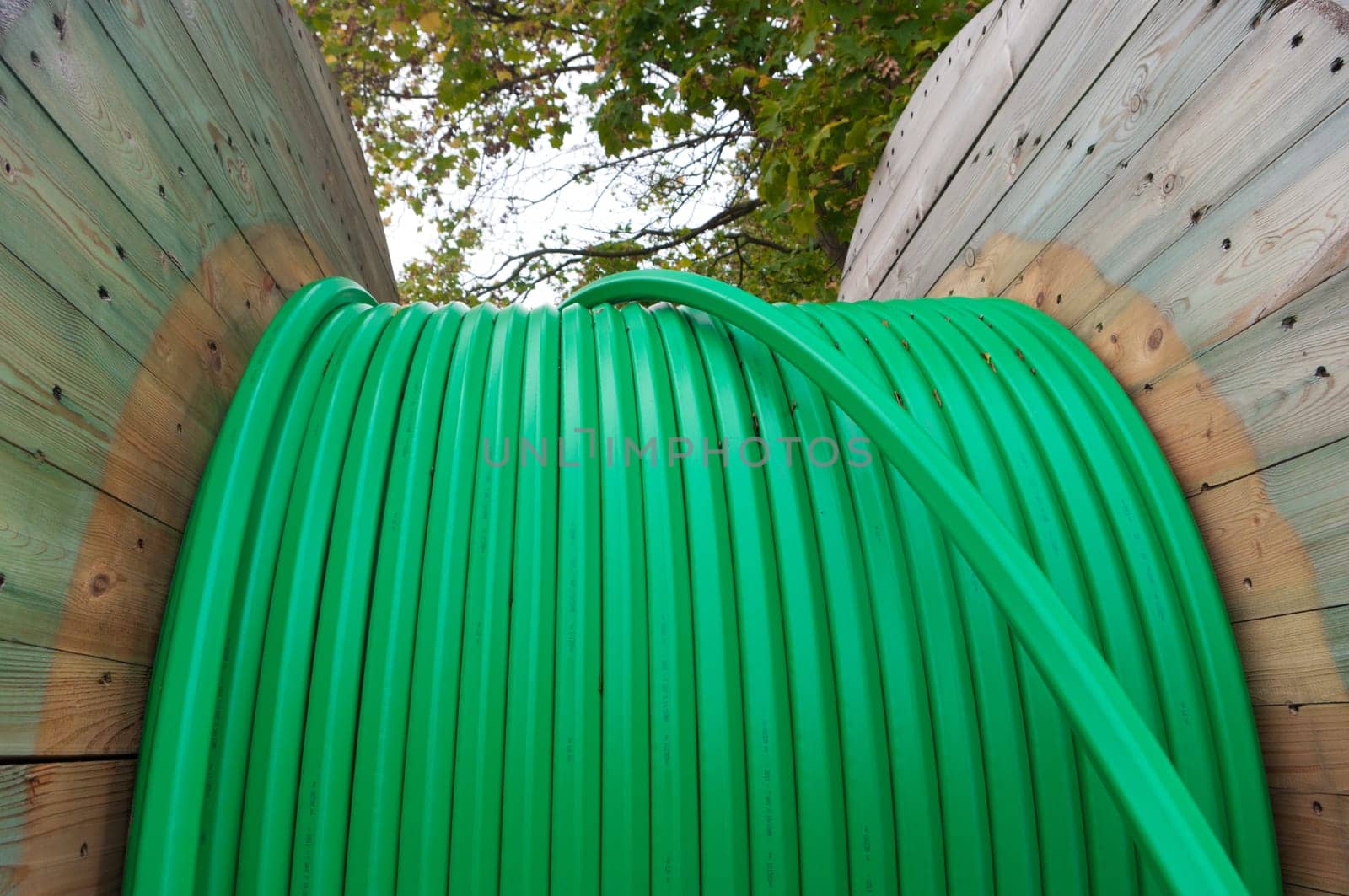 cable drum with green fiber glass cable