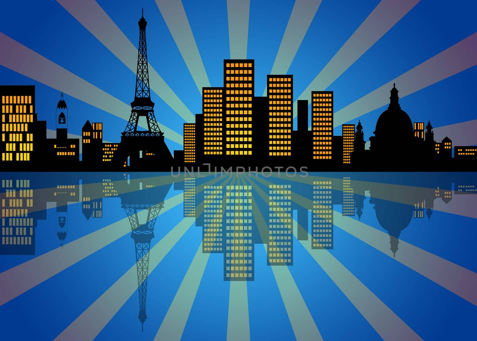 Reflection of New York Manhattan City Skyline at Night Illustration