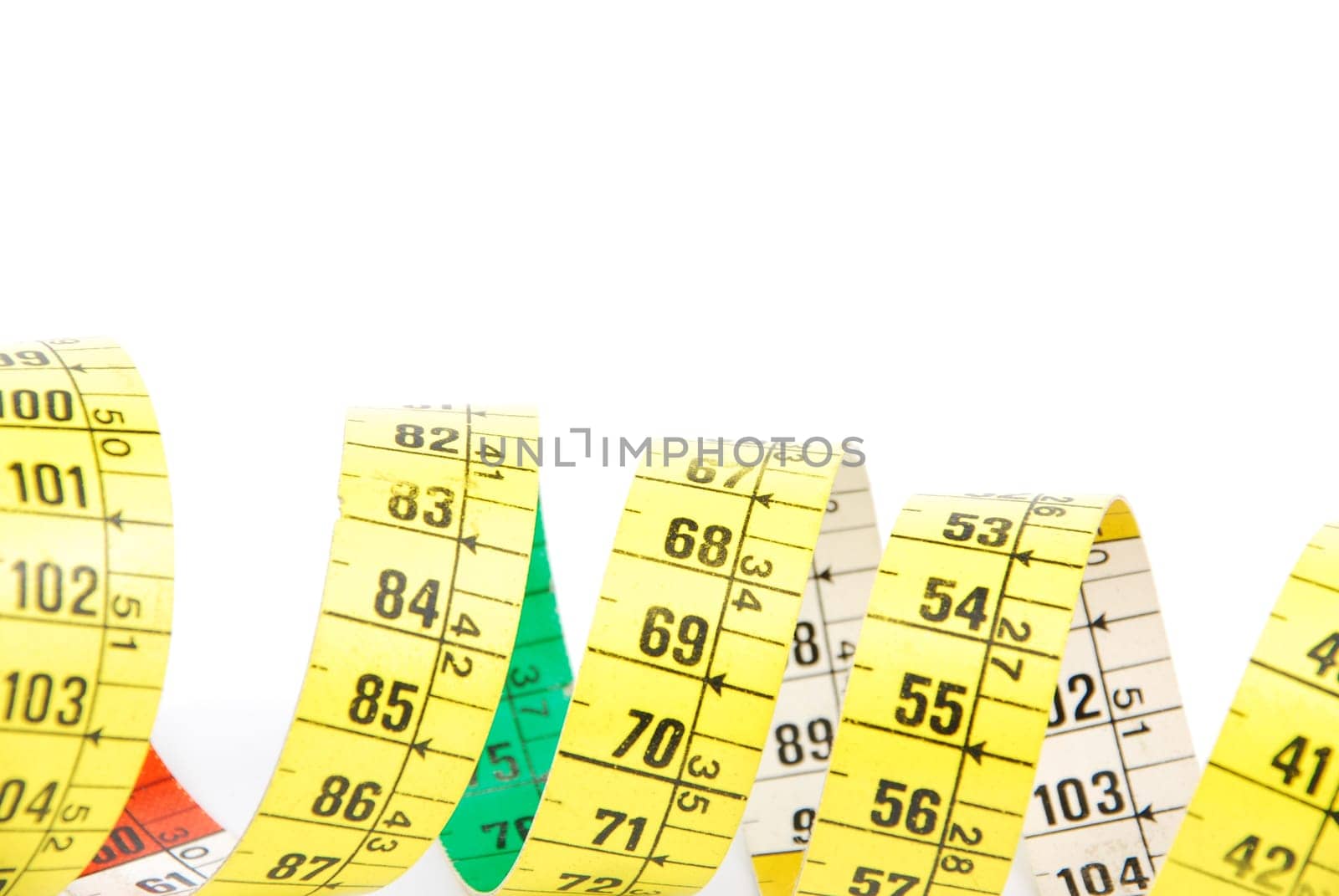 close-up of a curled measuring tape isolated on white background