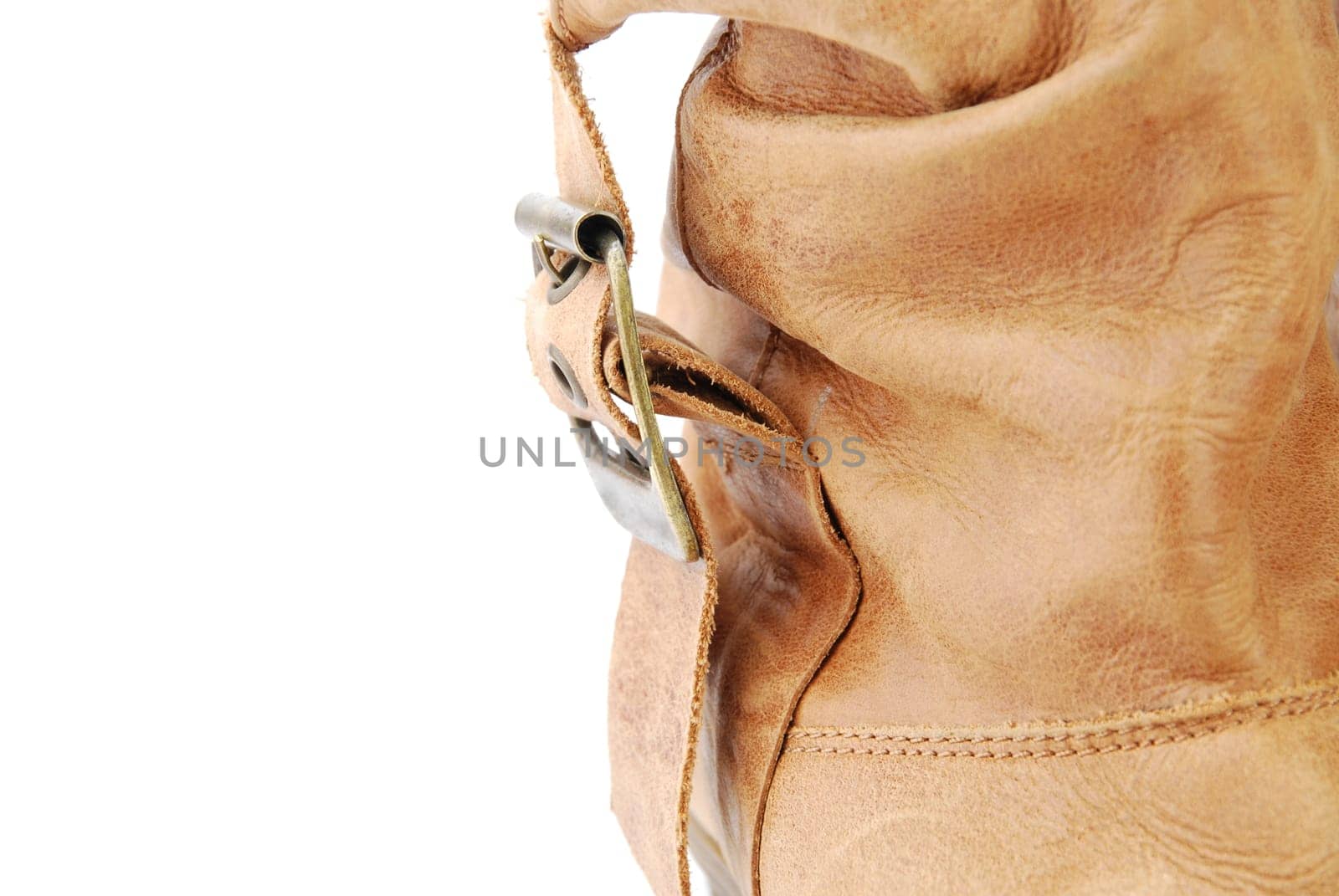 close-up of a women trendy brown leather boot isolated on white background