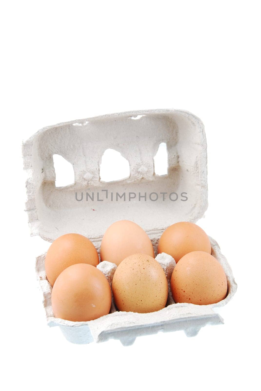 half dozen fresh eggs in a recycled box (isolated on white background)
