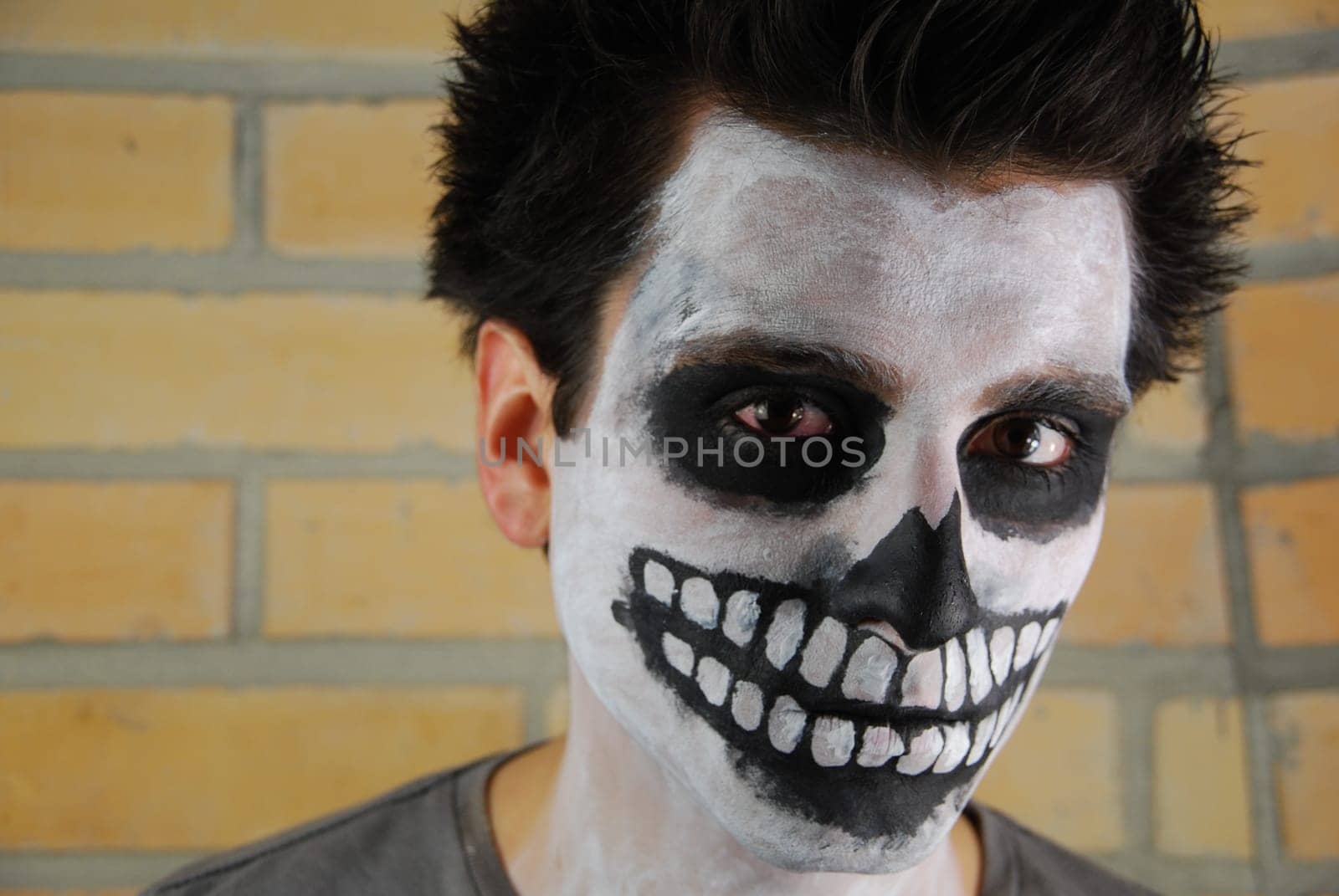 portrait of a creepy skeleton guy perfect for Carnival (brick wall background)