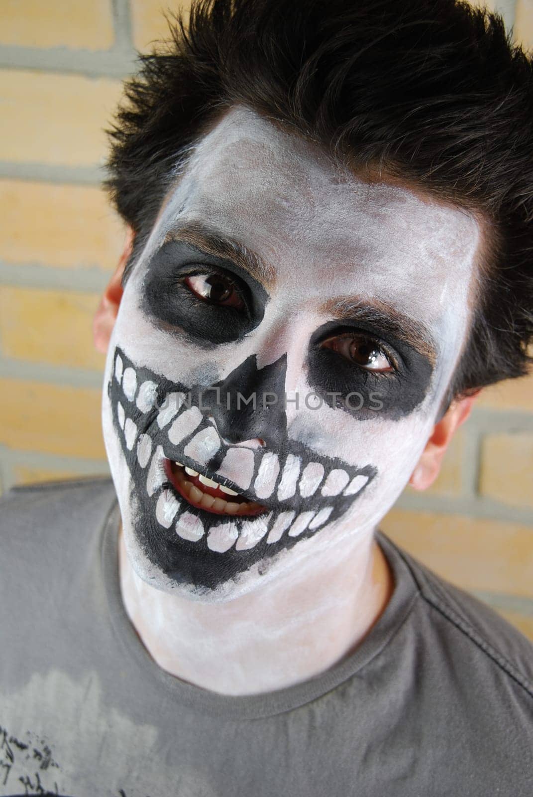 portrait of a creepy skeleton guy perfect for Carnival (brick wall background)