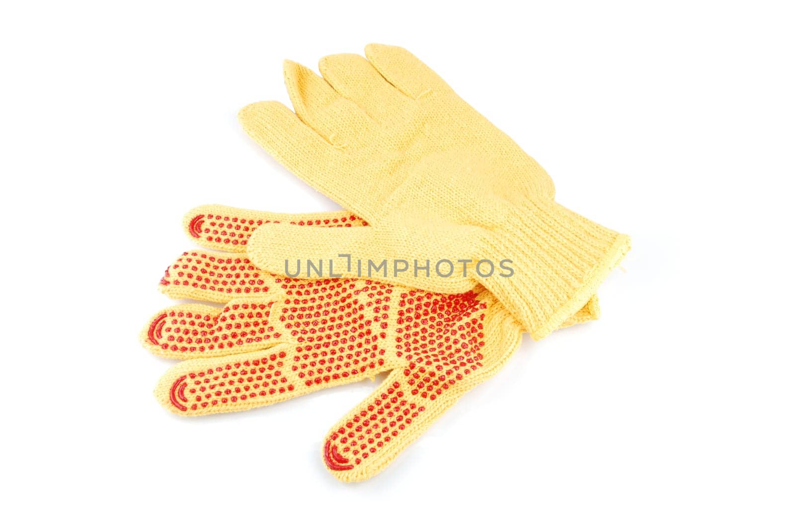 yellow and red cotton gardening gloves isolated on white background