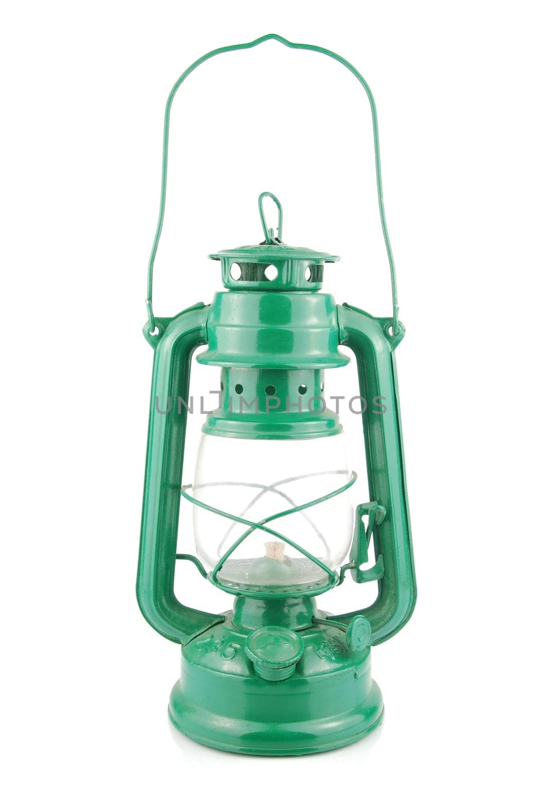 green kerosene lamp isolated on white background