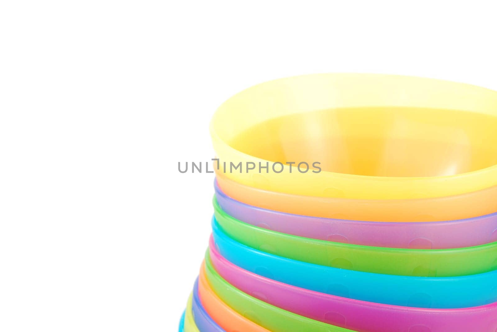 close-up on colorful bowls isolated on white background