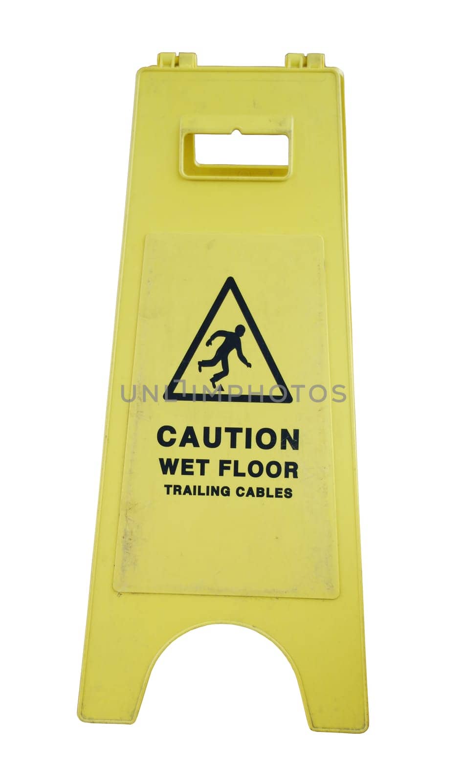 yellow caution sign regarding slippery surface isolated on white background