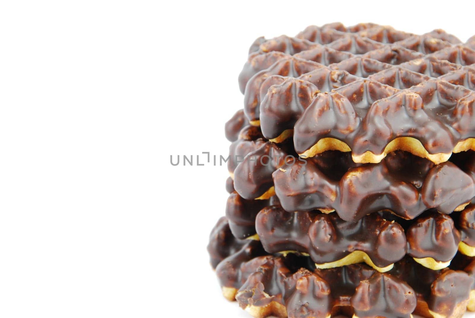 chocolate belgian waffles stacked isolated on white background