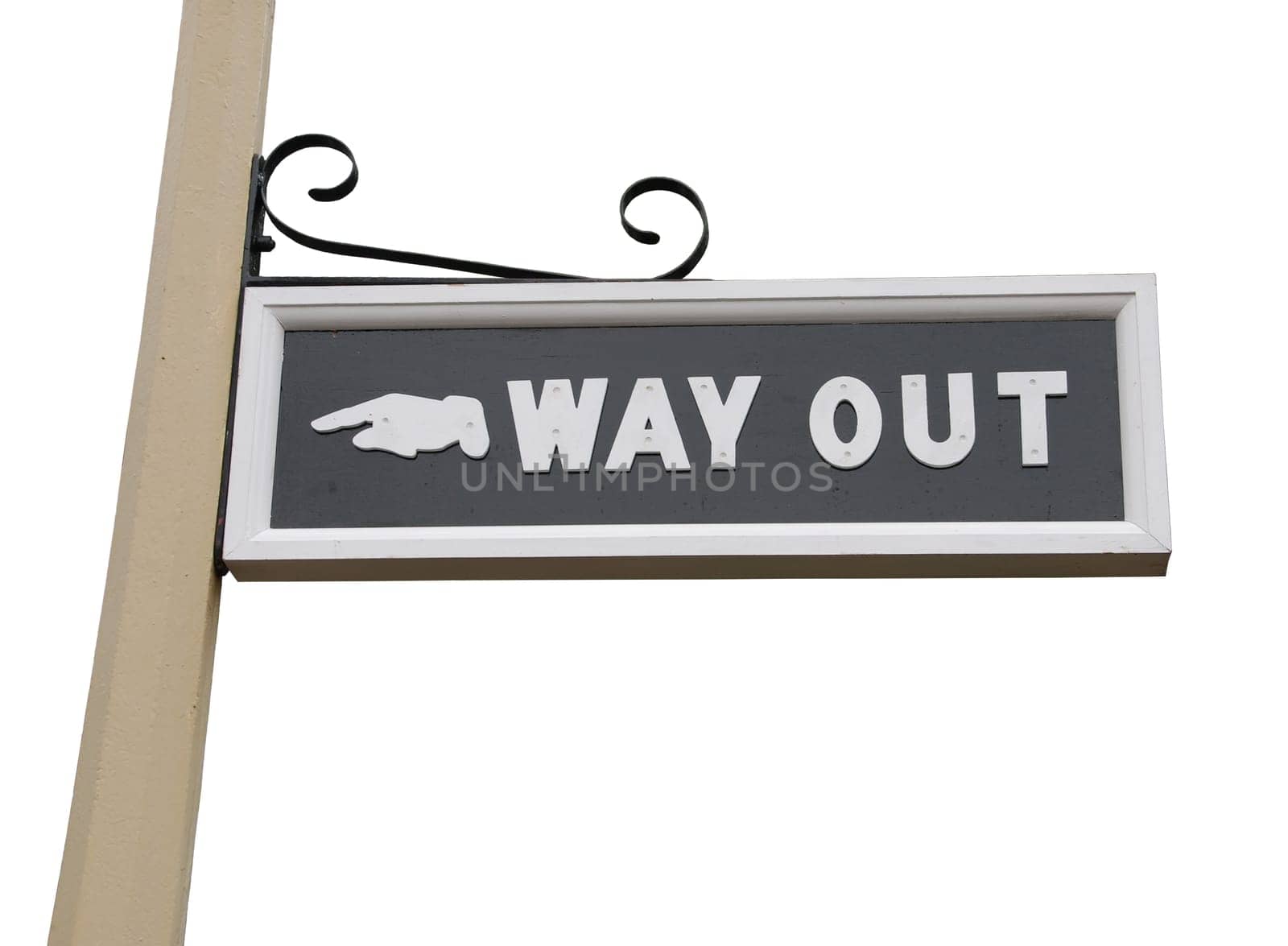 vintage way out sign on wooden post (isolated on white background)