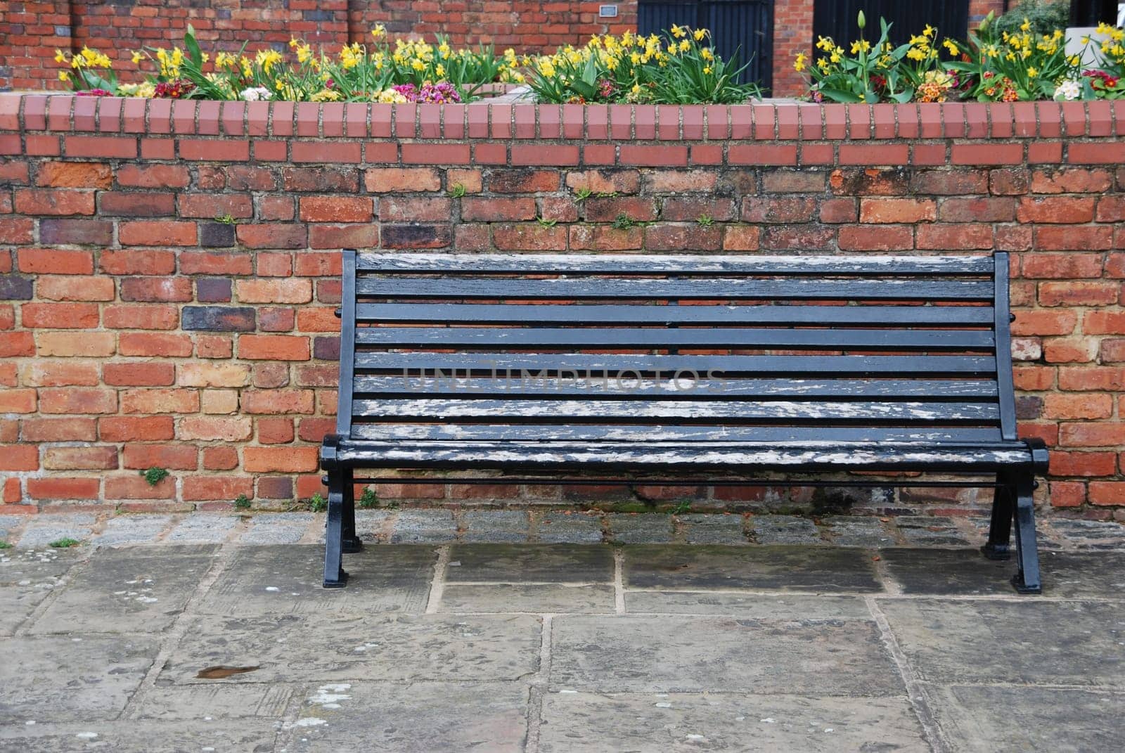 beautiful sidewalk scene with wooden bench, brick wall and flowers