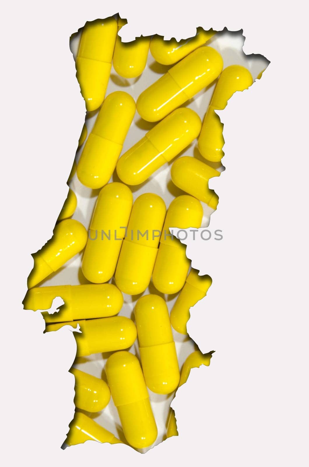 Outlined map of Portugal with transparent background of pills