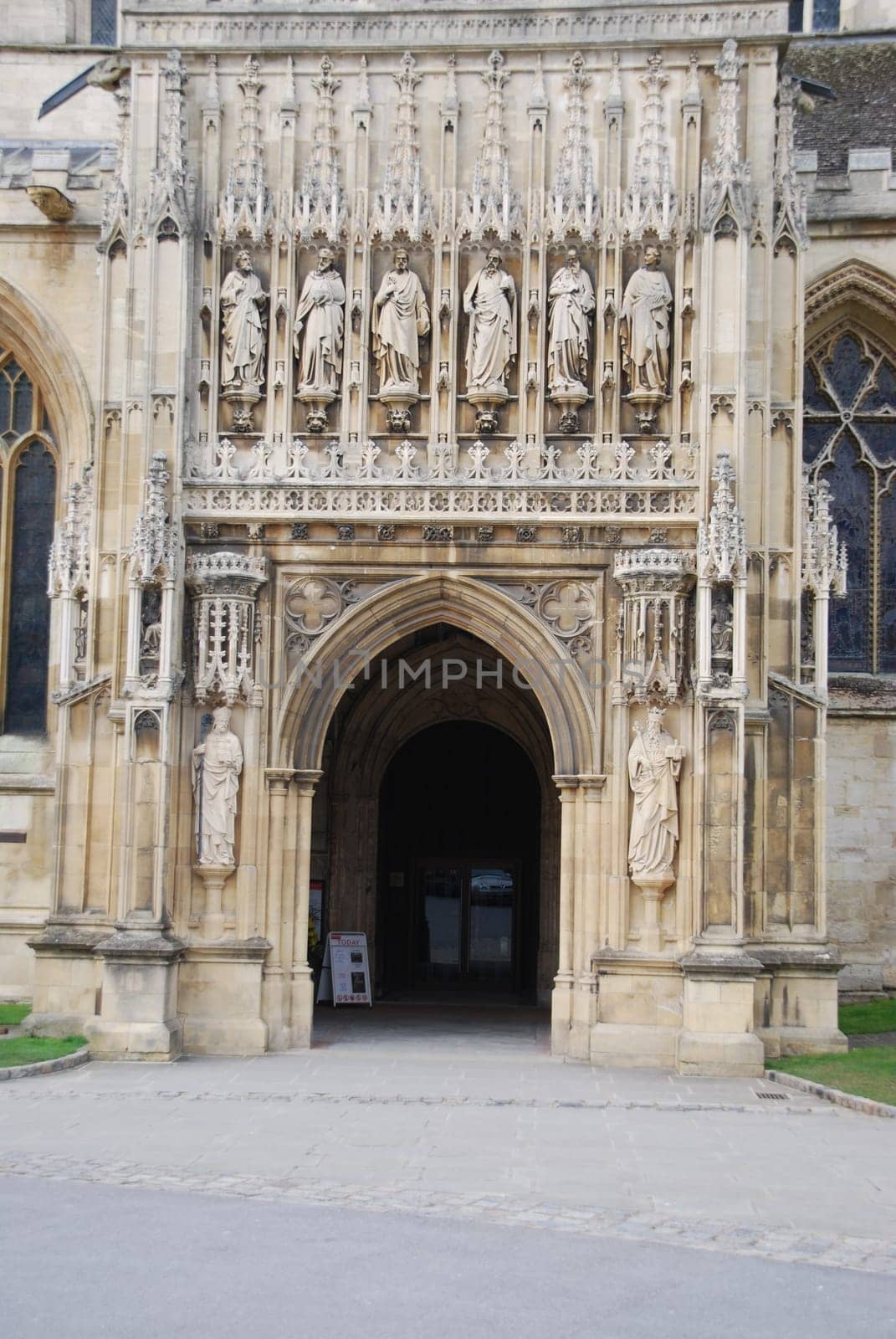famous entrance of Gloucester Cathedral with sculptures, England (United Kingdom)