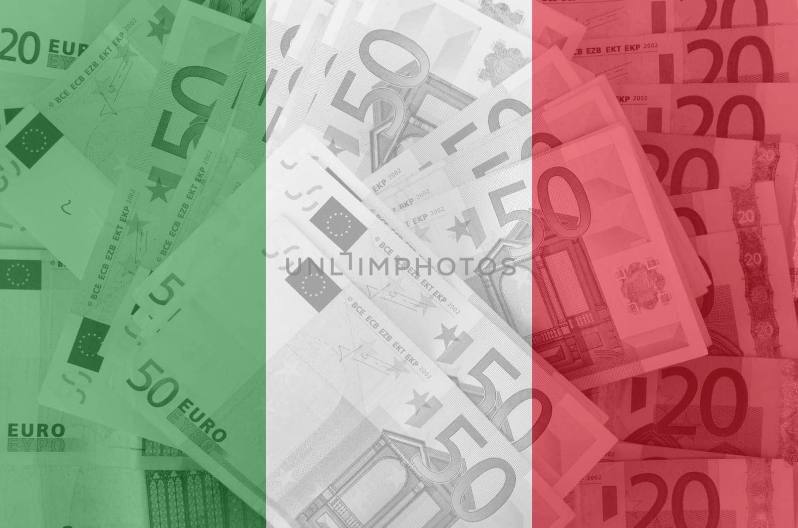 transparent italian flag with euro banknotes