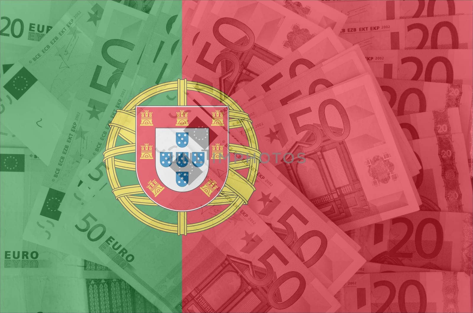 transparent portugese flag with euro banknotes