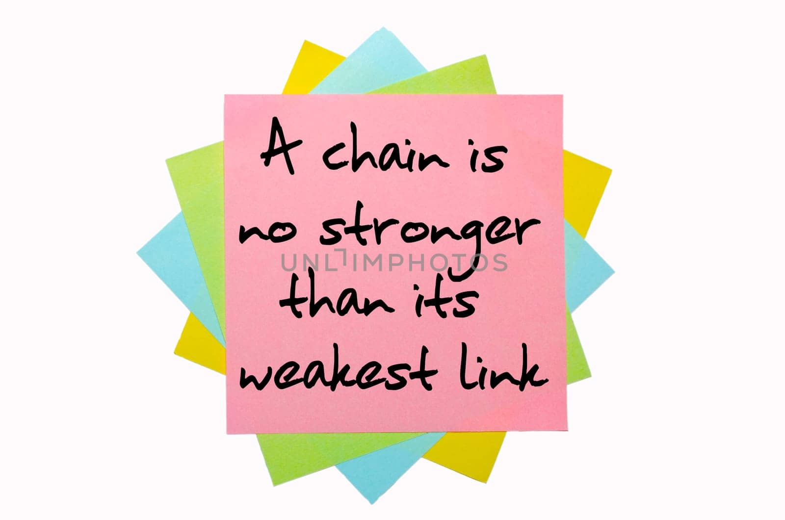 text "A chain is no stronger than its weakest link"" written by hand font on bunch of colored sticky notes"