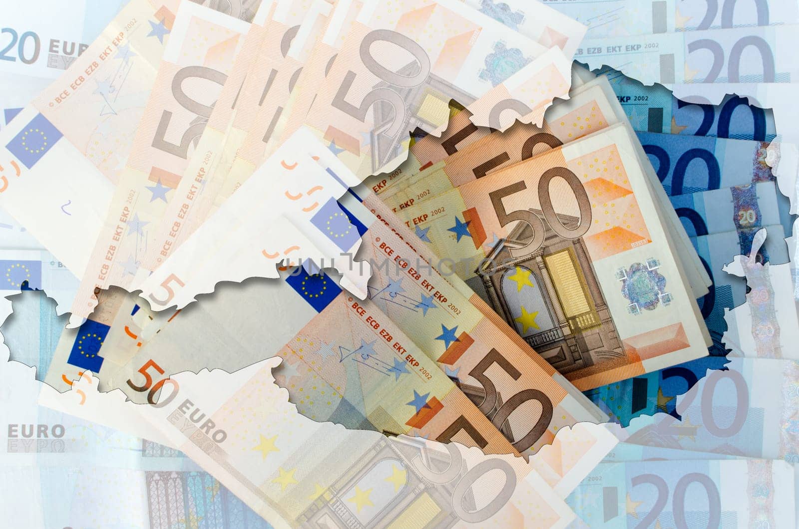 Outlined map of Austria with transparent background of euro banknotes
