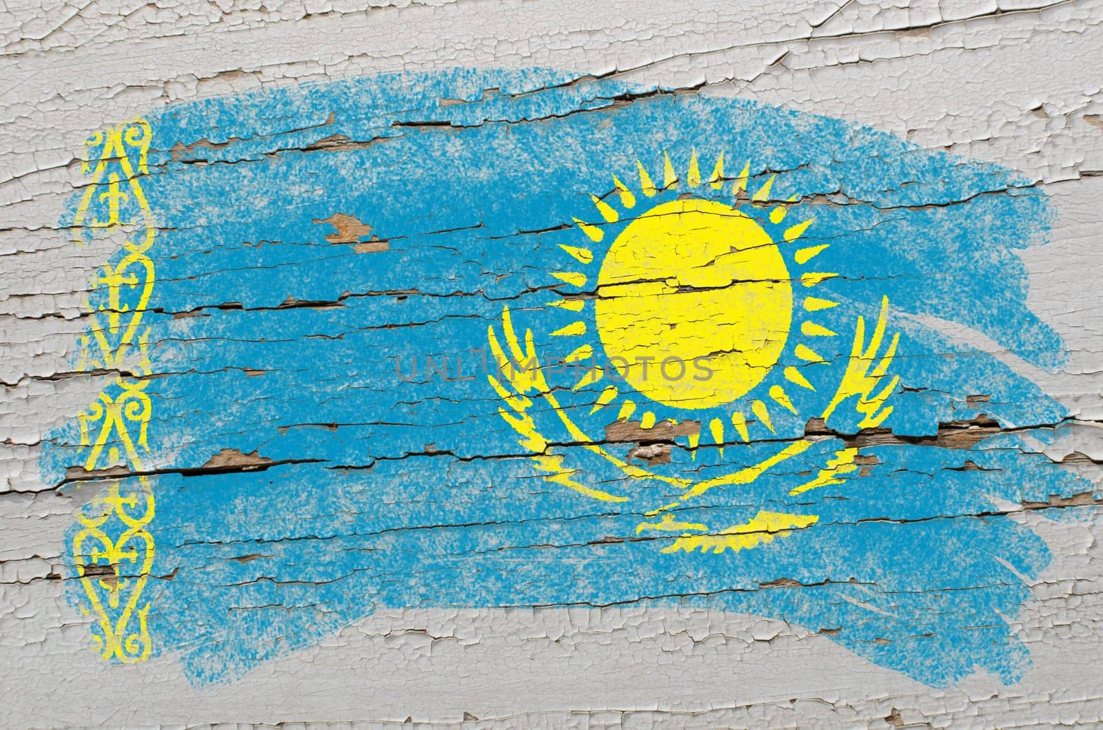 Chalky kazakstan flag painted with color chalk on grunge wooden texture