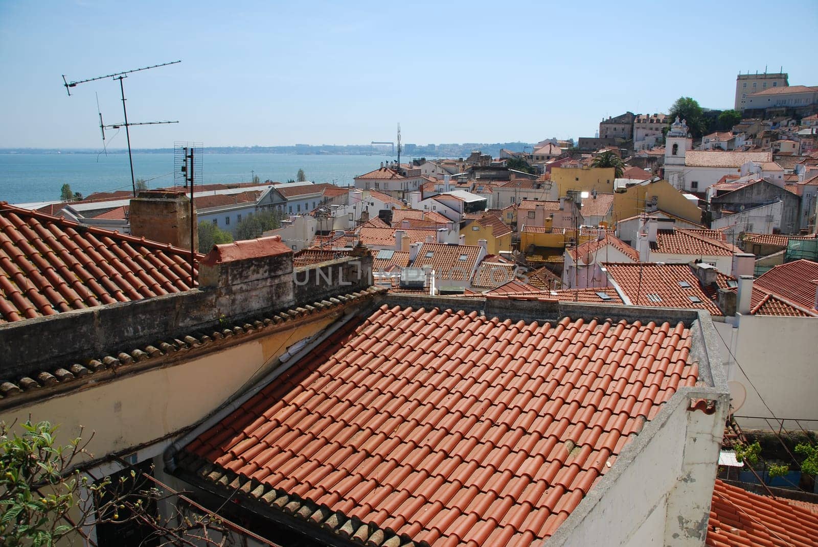 beautiful Alfama downtown view with Tagus river on background in Lisbon, Portugal