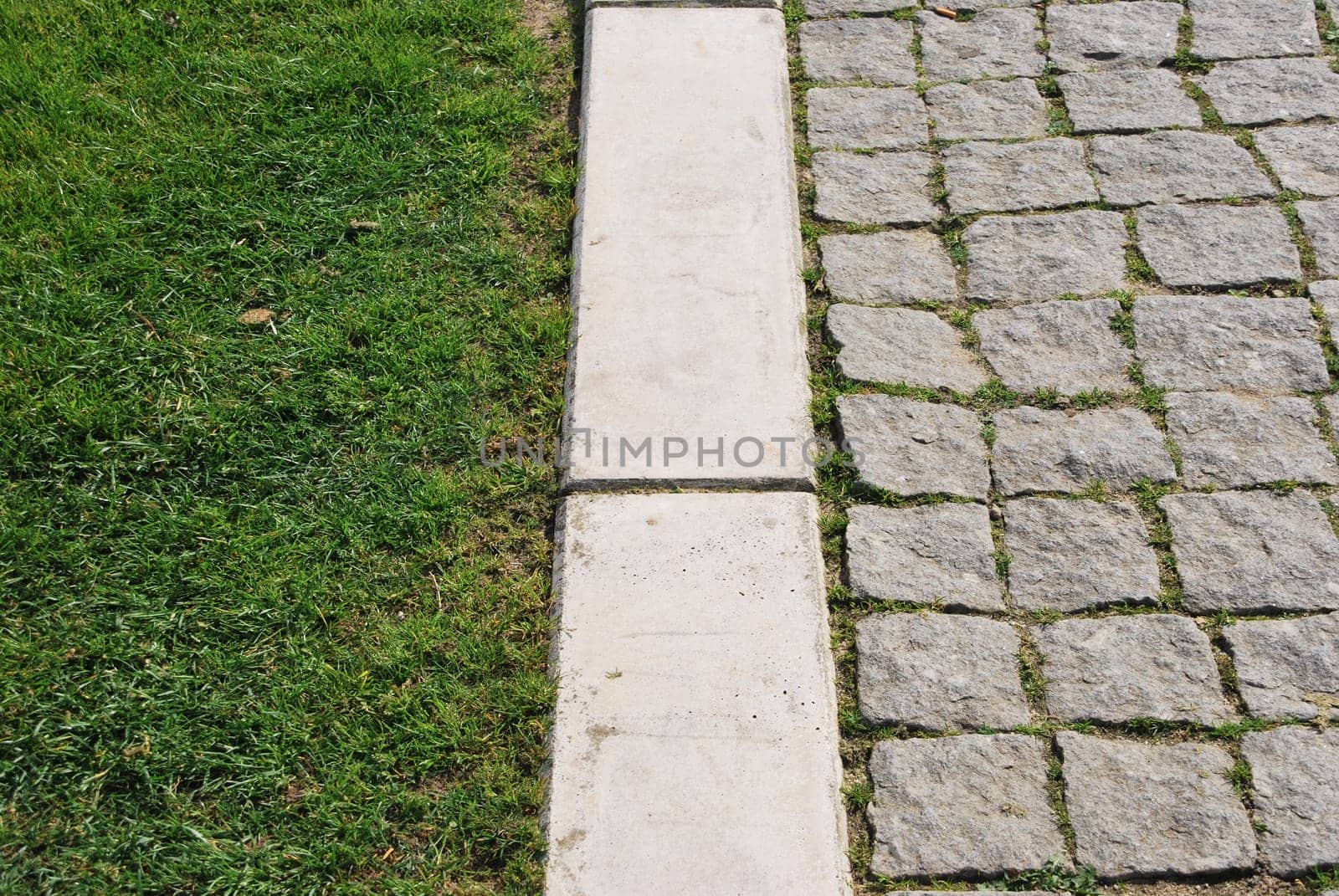 green grass and stone calcada pavement as a business concept (soft versus rough)